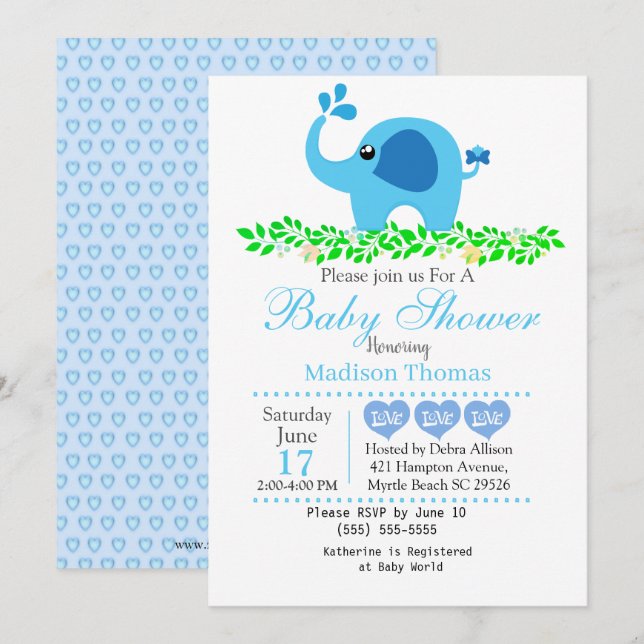 Cute Blue Elephant Boy Baby Shower Invitation (Front/Back)