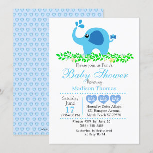 Cute Blue Elephant Boy Baby Shower Invitation
