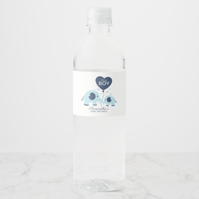 Cute Blue Elephant Boy Baby Shower Water Bottle Label (Front)