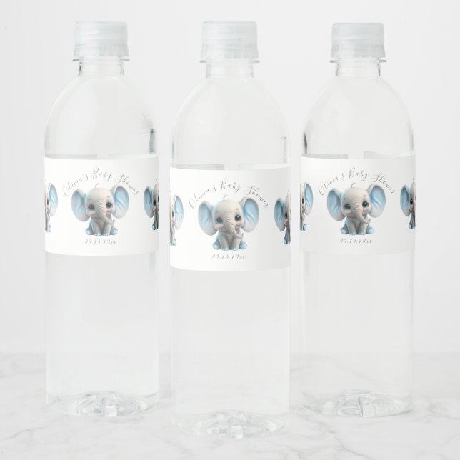 Cute Blue Elephant Boy Baby Shower Water Bottle Label (Bottles)