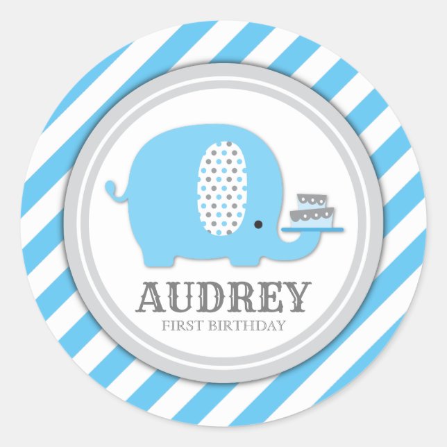 Cute Blue Elephant Boy First Birthday Baby Shower Classic Round Sticker (Front)