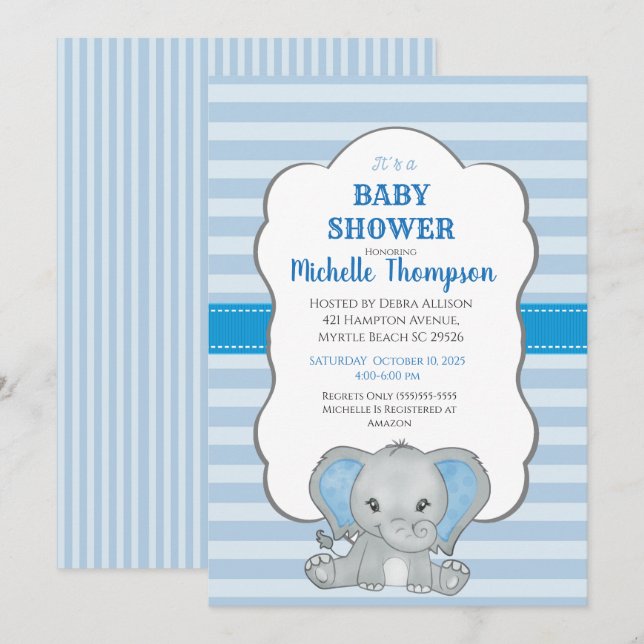 Cute Blue Elephant Boys Baby Shower Invitation (Front/Back)