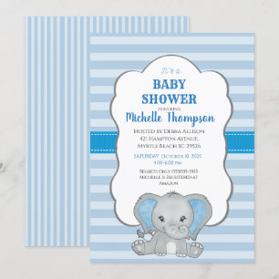 Cute Blue Elephant Boys Baby Shower Invitation