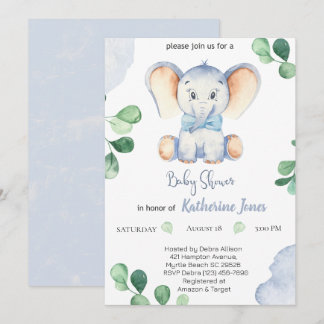 Cute Blue Elephant Boys Baby Shower Invitation