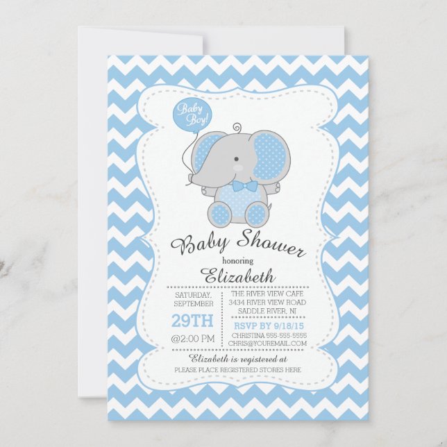 Cute Blue Elephant Boys Baby Shower Invitation (Front)