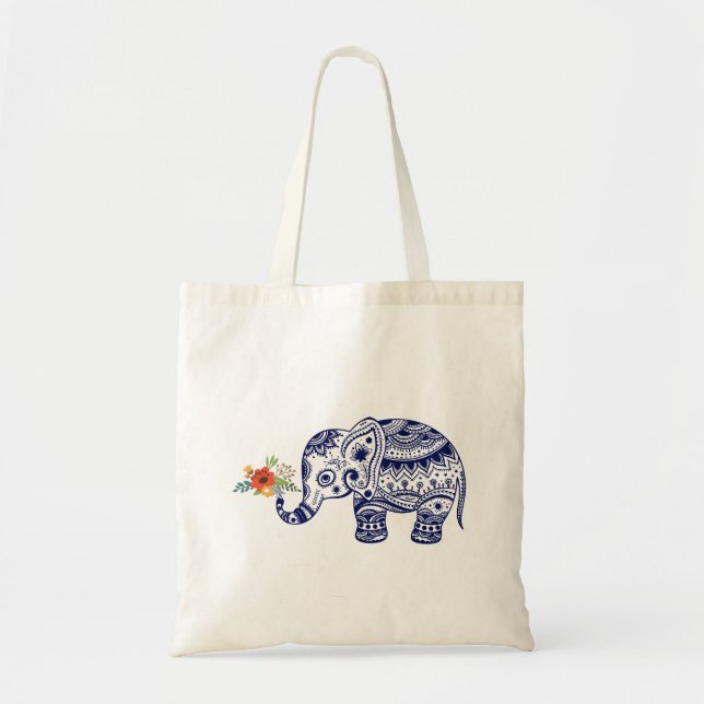 Cute Blue Elephant Bringing Colourful Flowers Tote Bag (Front)