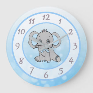 Cute blue elephant children's or baby nursery large clock