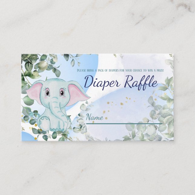 Cute Blue Elephant Eucalyptus Diaper Raffle Game Enclosure Card (Front)
