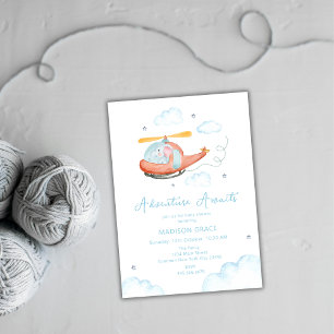 Cute Blue Elephant Helicopter Aeroplane Baby Showe Invitation