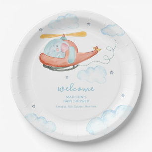Cute Blue Elephant Helicopter Baby Shower Welcome Paper Plate