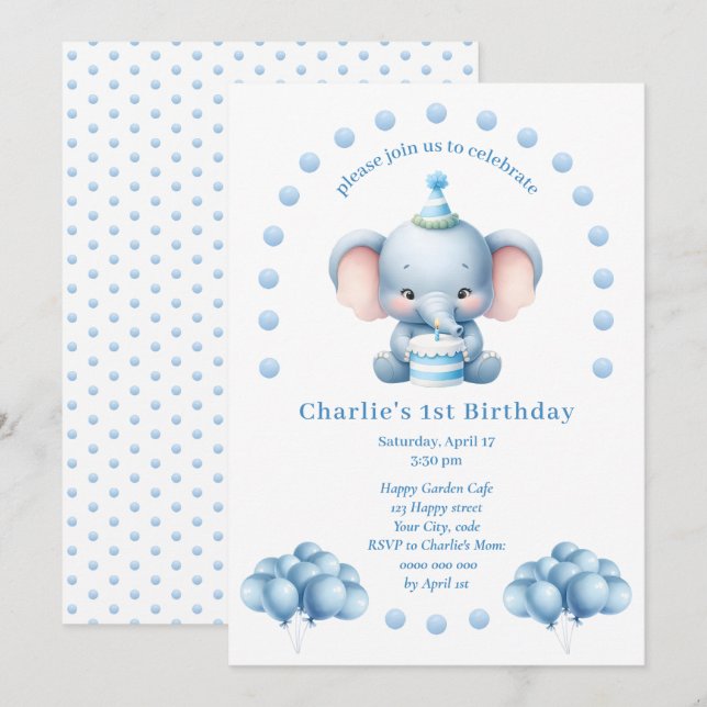 Cute Blue Elephant Kids Birthday  Invitation (Front/Back)