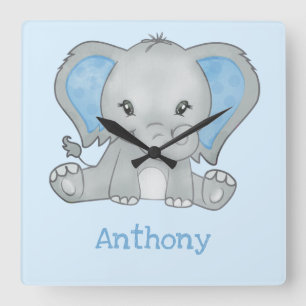 Cute Blue Elephant Name Baby Boy Nursery Square Wall Clock