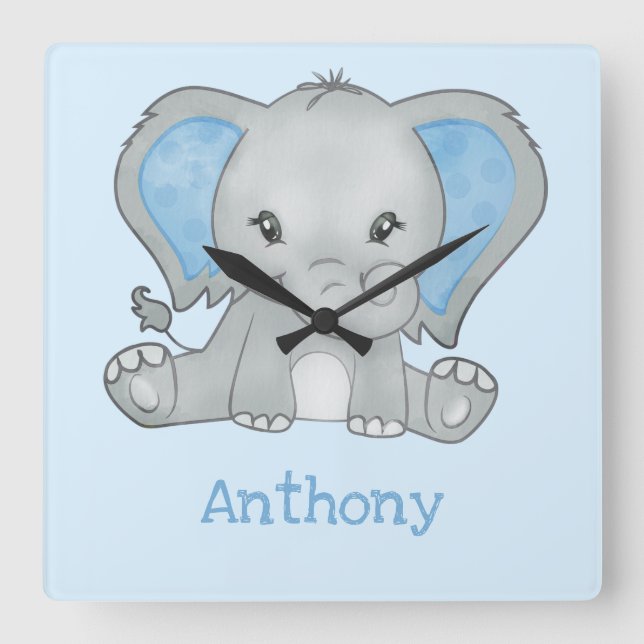 Cute Blue Elephant Name Baby Boy Nursery Square Wall Clock (Front)