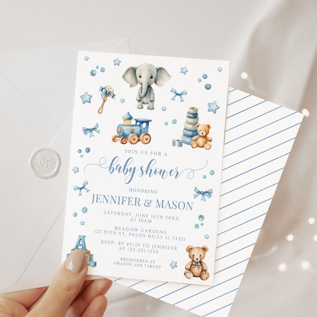 Cute blue elephant toys baby boy shower invitation (Creator Uploaded)