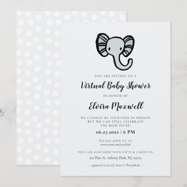 Cute blue elephant Virtual Baby shower Invitation (Front/Back)