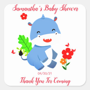 Cute Blue Elephant With Red Flowers Baby Shower Square Sticker