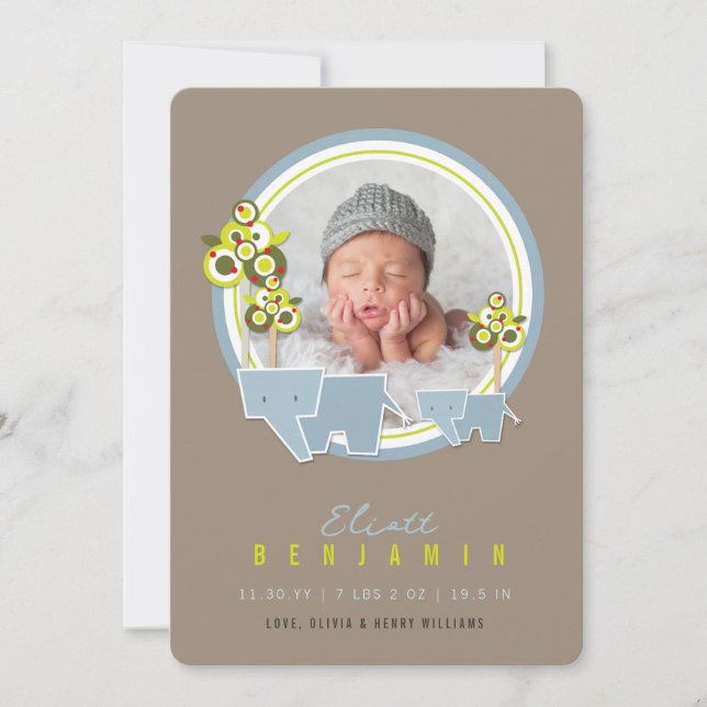 Cute Blue Elephants Family Baby Boy Photo Birth Announcement (Front)