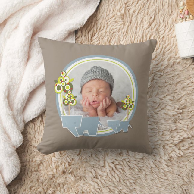 Cute Blue Elephants Forest Baby Boy Photo Cushion (Blanket)