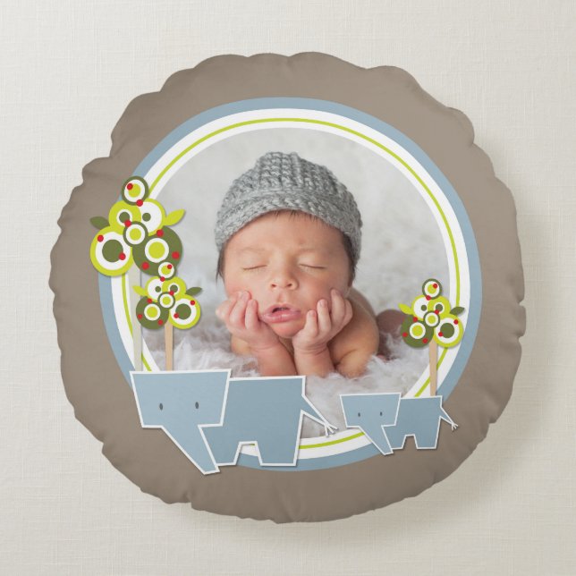 Cute Blue Elephants Forest Baby Boy Photo Round Cushion (Front)