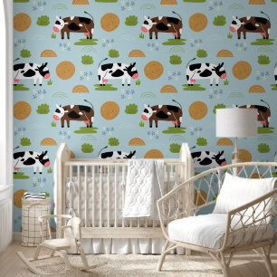 Cute Blue Farm Animals Pattern Kids Nursery Room Wallpaper