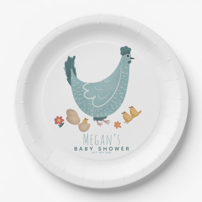 Cute Blue Farm Chicken Boys Baby Shower Paper Plate (Front)