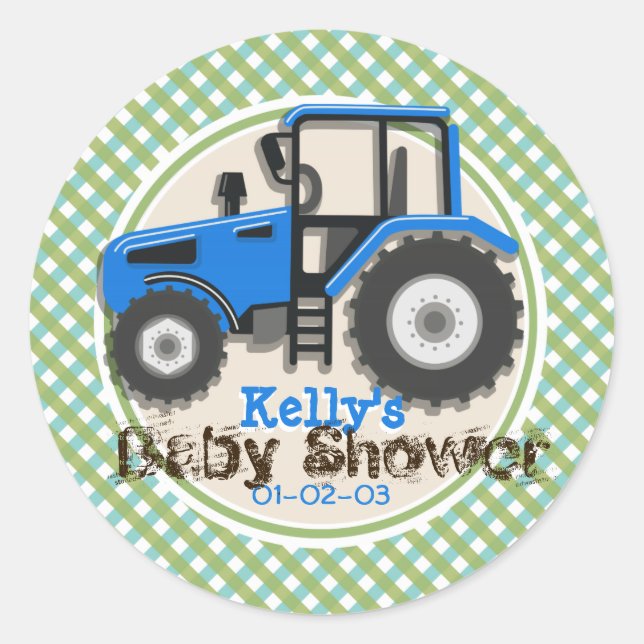 Cute Blue Farm Tractor; Green Plaid Baby Shower Classic Round Sticker (Front)