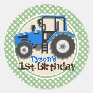 Cute Blue Farm Tractor; Green Plaid Birthday Classic Round Sticker