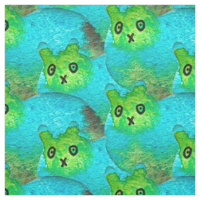 Cute blue fat cat art illustration fabric (Swatch)