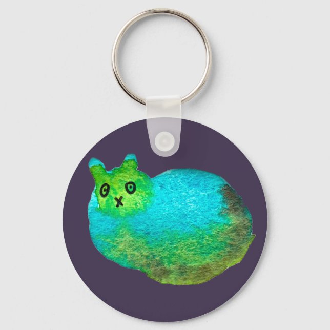 Cute blue fat cat art illustration key ring (Front)