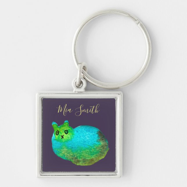 Cute blue fat cat art illustration key ring (Front)
