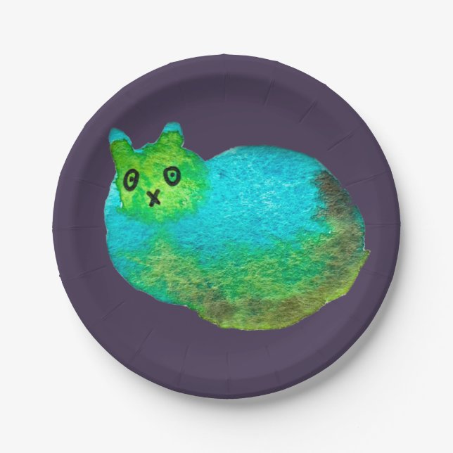 Cute blue fat cat art illustration paper plate (Front)