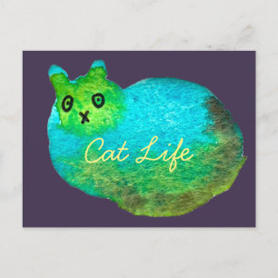 Cute blue fat cat art illustration postcard