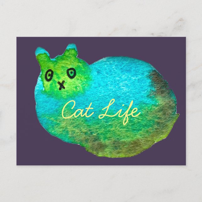 Cute blue fat cat art illustration postcard (Front)