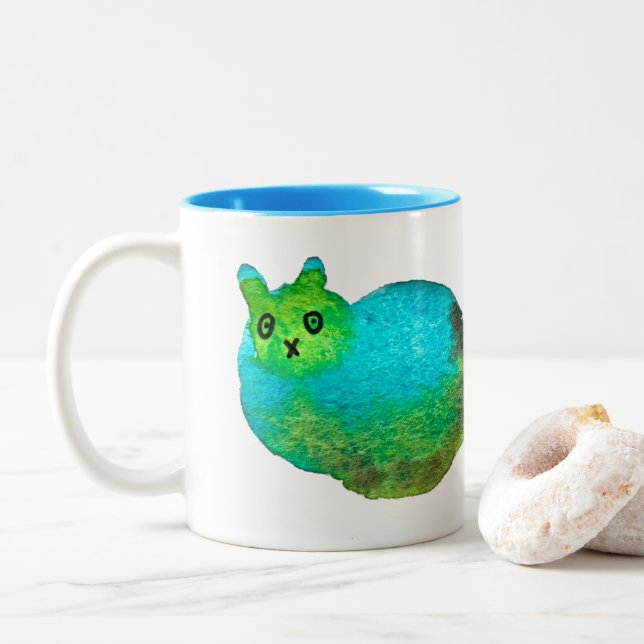 Cute blue fat cat art illustration Two-Tone coffee mug (With Donut)