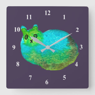 Cute blue fat cat art square wall clock