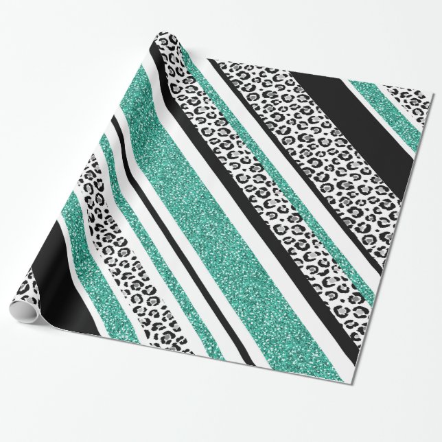 Cute blue faux glitter leopard print stripes wrapping paper (Unrolled)