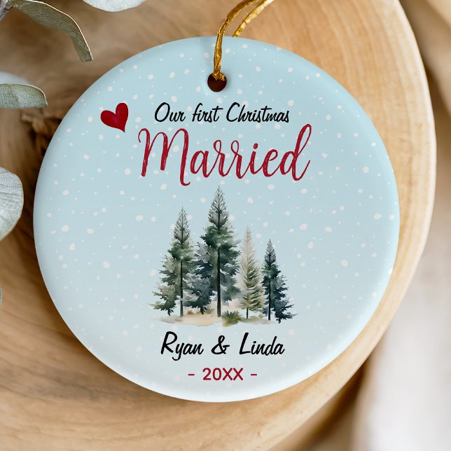 Cute blue first Christmas married green trees Ceramic Tree Decoration (Creator Uploaded)