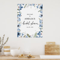 Cute Blue Floral Bridal Shower Welcome Sign Poster