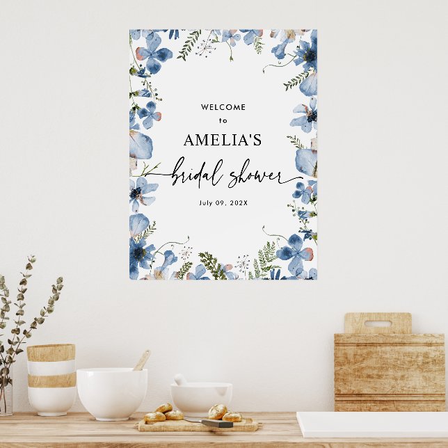 Cute Blue Floral Bridal Shower Welcome Sign Poster (Kitchen)