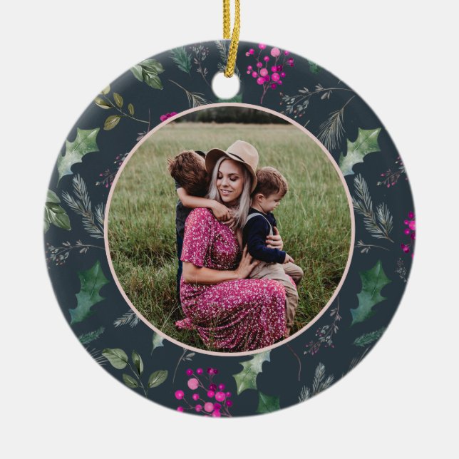 Cute Blue Floral Christmas Photo   Ceramic Tree Decoration (Front)