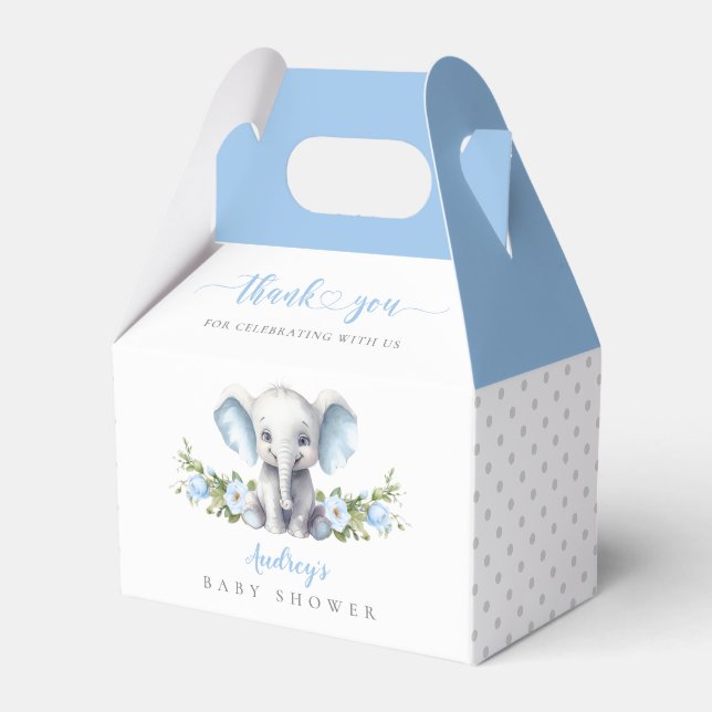 Cute Blue Floral Elephant Baby Boy Shower Favour Box (Front Side)
