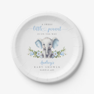 Cute Blue Floral Elephant Baby Boy Shower Paper Plate