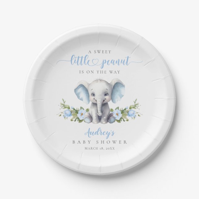 Cute Blue Floral Elephant Baby Boy Shower Paper Plate (Front)