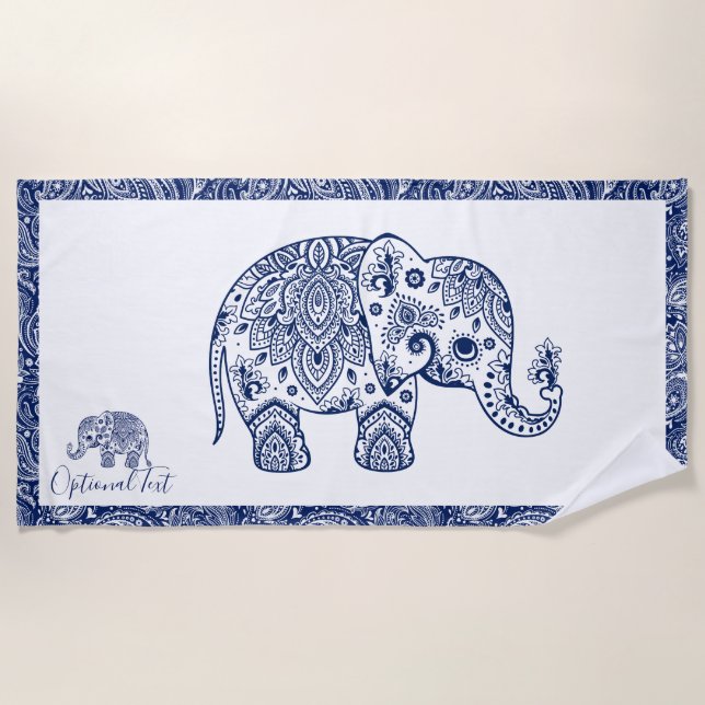 Cute Blue Floral Paisley Elephant Illustration Beach Towel (Front)