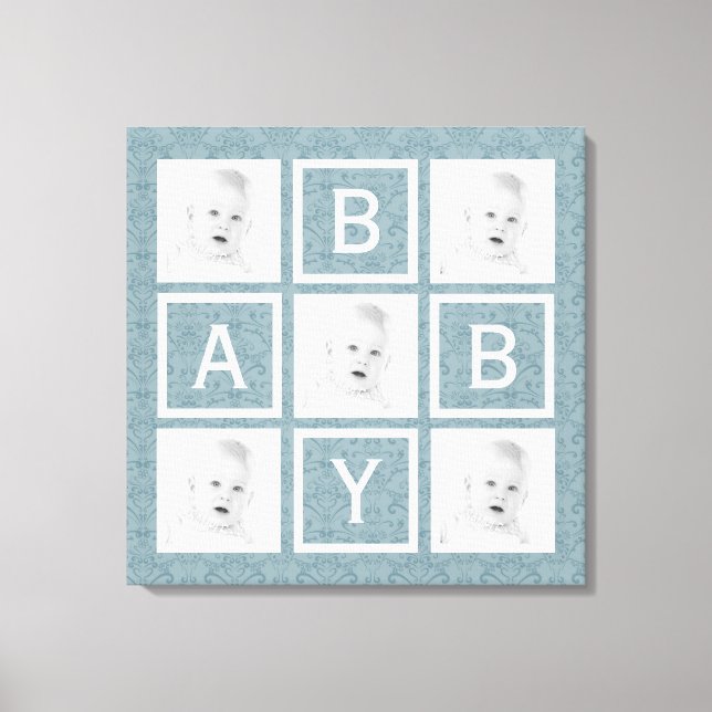 Cute Blue Floral Photo Grid Baby Boy or Girl Canvas Print (Front)
