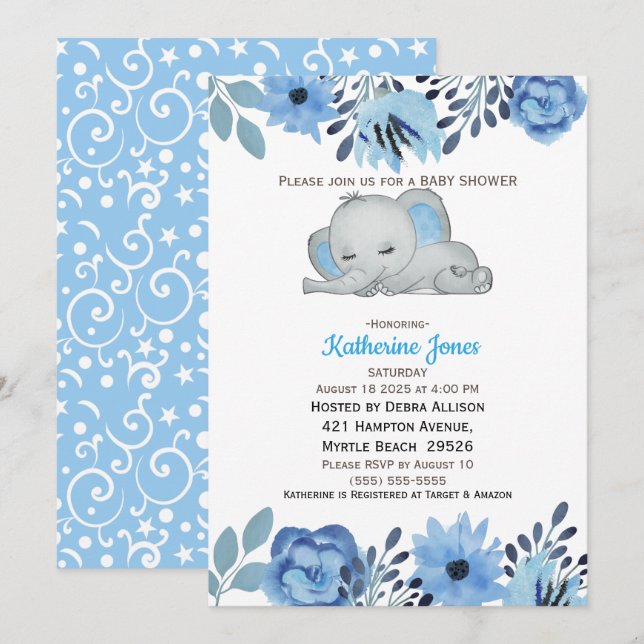 Cute Blue Floral Sleeping Elephant Baby Shower Invitation (Front/Back)