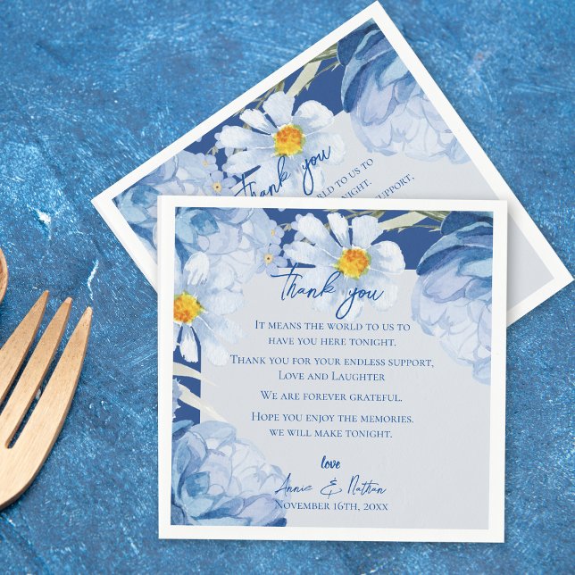Cute Blue Floral Trendy Wedding Thank you Message Napkin (Cute Blue Floral Trendy Wedding Thank you Message Napkins)