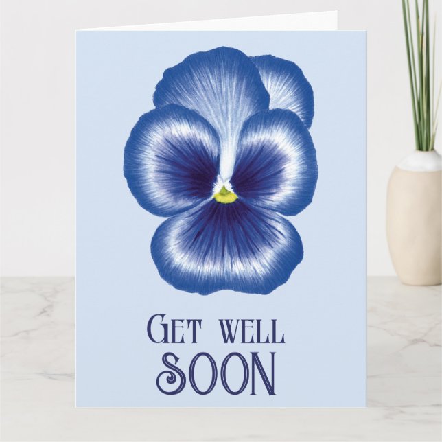 Cute Blue Flower Watercolor Pansie Get Well  Card (Front)