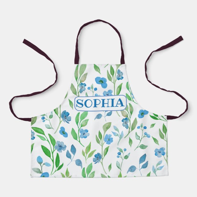 Cute Blue Flowers All-Over Print Apron (Front)