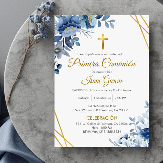 Cute Blue Flowers First Communion in Spanish  Invitation